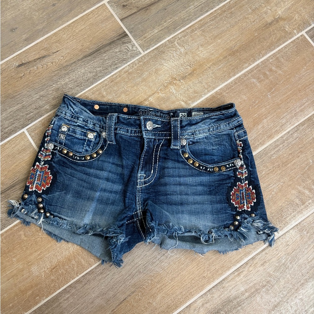 Miss Me Tribal Dark Blue Studded & Embroidered Denim Cutoff Shorts